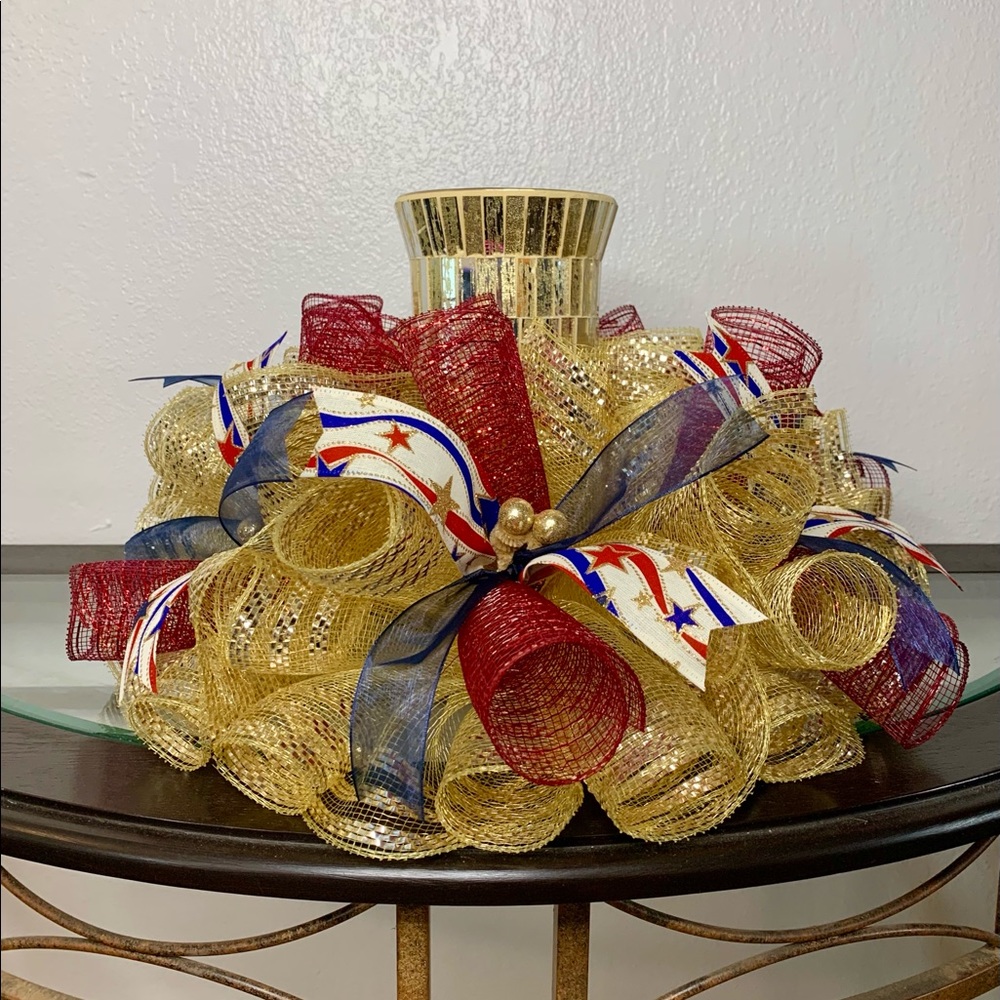 Deco mesh Patriotic centerpiece, Americana decor, patriotic table, candle ring,